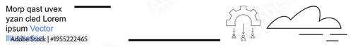 Innovation, technology, cloud computing, magnetism, engineering, data flow. Outline of a gear, a magnet attracting particles and a cloud. Innovation and technology concept