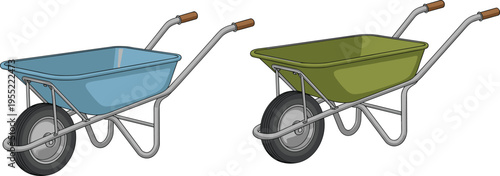 Two colorful wheelbarrows with metal frames and rubber wheels, garden transport equipment vector illustration isolated on white background for landscaping and construction use