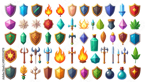 Fantasy Game Icon Set Shields Swords Magic Elements RPG Vector Collection