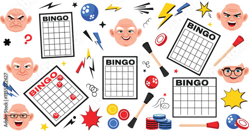 Angry and expressive senior man bingo game set with cards, chips, markers and emotional reactions cartoon vector illustration collection