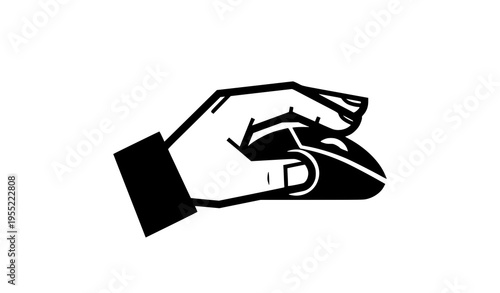 A minimalist vector graphic of a hand holding a computer mouse