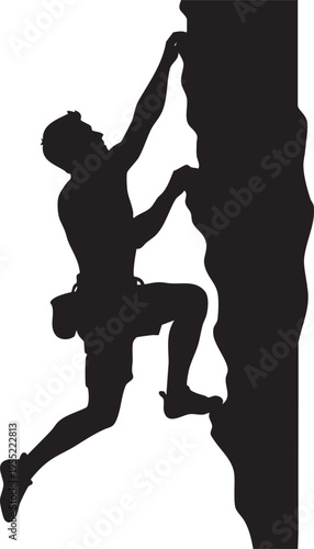 Dynamic Silhouette Illustration of a Male Rock Climber Ascending a Steep Cliff Face with Determination and Skill