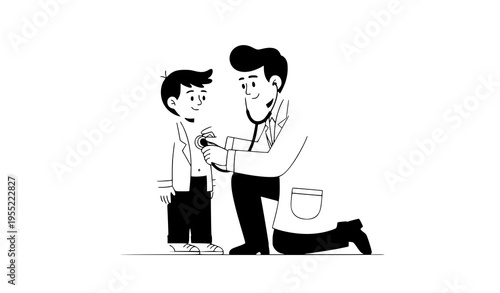 A doctor examining a young boy with a stethoscope in a simple illustration