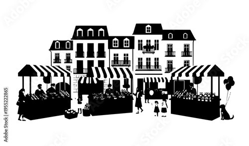 A black and white vector illustration of a European market scene