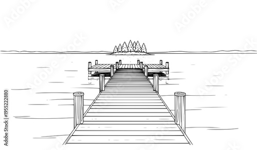 A minimalist line art illustration of a dock extending into calm waters