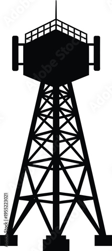 Silhouette of communication tower with antennas against transparent background