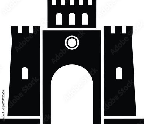 Medieval castle gate silhouette icon with towers and battlement for history design
