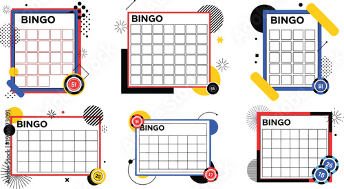 Modern abstract bingo cards collection with geometric shapes, colorful frames and minimal design elements trendy game vector illustration set