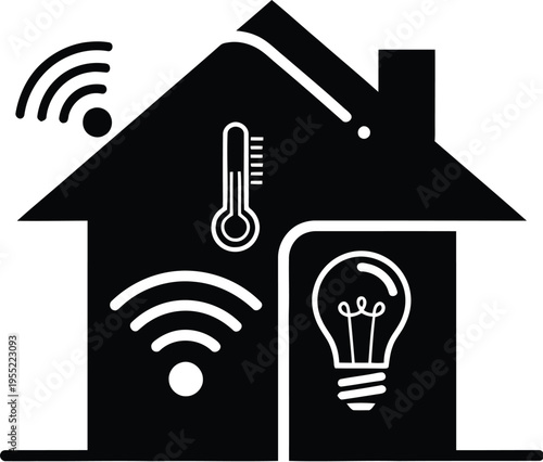 Smart home system icon with house, wifi signals, thermometer, and light bulb, internet of things concept