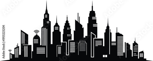 Modern city skyline silhouette with skyscrapers and antenna towers for urban landscape
