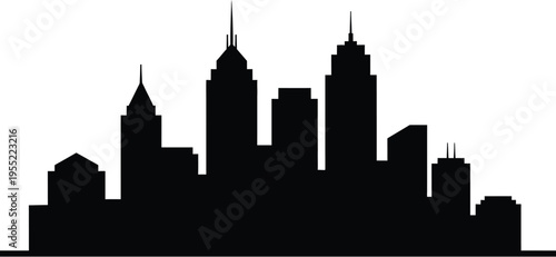 Modern city skyline silhouette featuring diverse skyscrapers and pointed towers