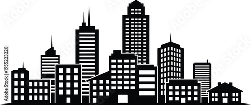 Urban city silhouette with detailed buildings and windows on transparent background