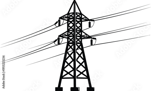 High voltage power line and electricity pylon silhouette on transparent background. transmission of electric current and energy concept, distribution grid