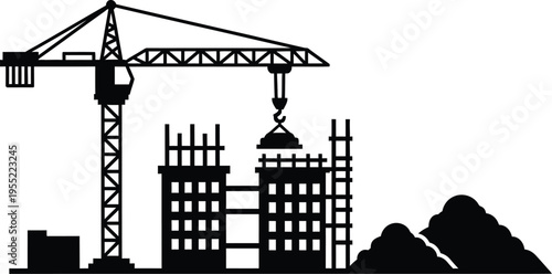 Construction site silhouette with crane and building under construction on transparent background. building development and progress concept