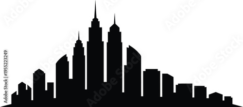 City skyline silhouette with various buildings and skyscrapers on transparent background. urban landscape and cityscape illustration
