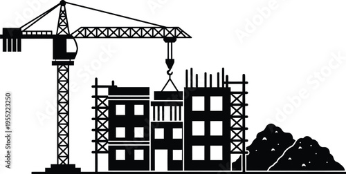Construction site silhouette with large crane and multiple buildings under construction on transparent background. real estate and urban development