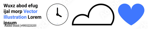 Time management, weather forecast, emotions, scheduling, nature, and care. Minimalist clock, cloud and heart icons. Time management and weather forecast concepts