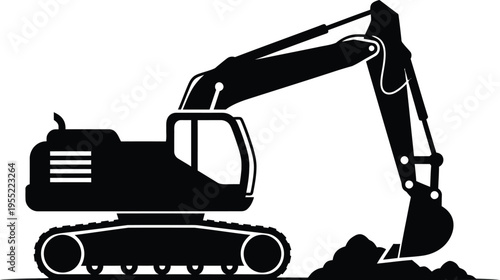 Black silhouette of an excavator digging a pile of dirt