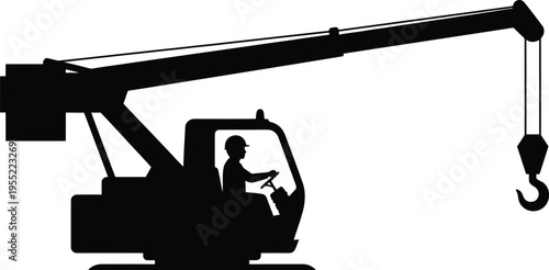 Black silhouette of heavy mobile crane with operator and lifting hook