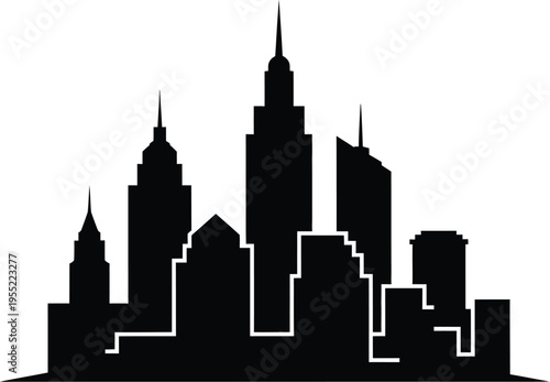 Modern city skyline silhouette featuring tall skyscrapers and urban architectural buildings