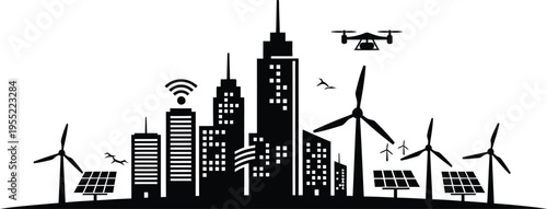 Smart green city silhouette with wind turbines solar panels and delivery drone