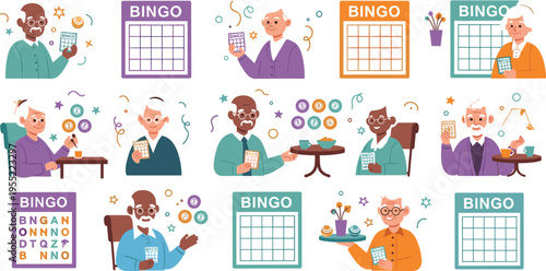 Senior people playing bingo game collection with elderly characters, cards, numbers and social activity scenes colorful vector illustration set