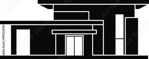 Modern minimalist house facade with flat roof and geometric shapes