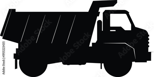 Silhouette of dump truck, construction vehicle, heavy machinery, industrial transport side view