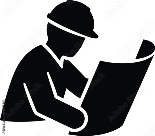 Engineer or architect silhouette with blueprints, construction worker, planning and design professional