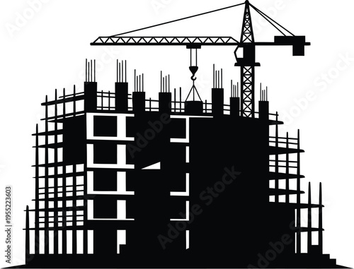 Silhouette of high-rise building under construction with a large crane, transparent background for design
