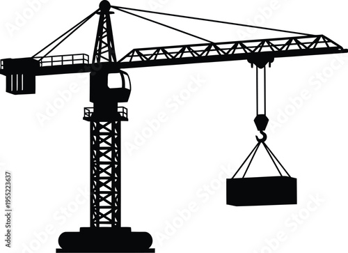 Construction crane silhouette lifting cargo with hook on transparent background for industrial and heavy machinery concept