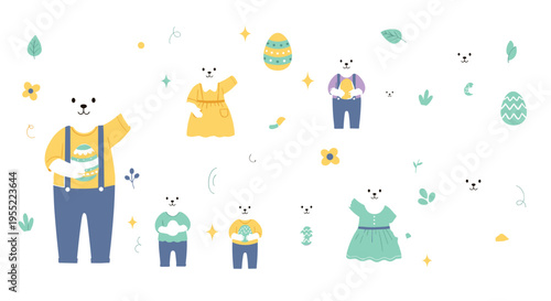 Cute Easter bear characters with festive outfits, eggs and spring elements adorable cartoon animal vector illustration collection for holiday design