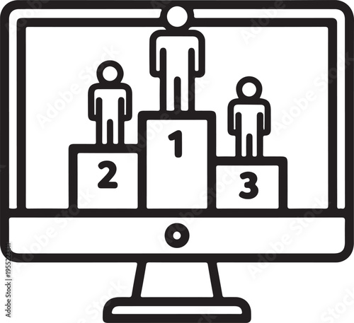 Digital podium with three figures representing first second and third place winners in online competition or ranking