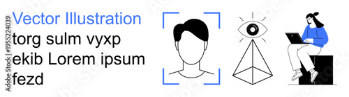Identity verification, digital security, artificial intelligence, technology, face recognition, data privacy. Minimalist design with human face outline, abstract shapes, and a person using a laptop
