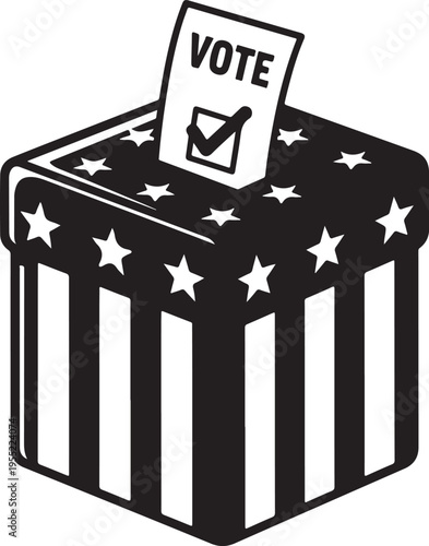Election ballot box vector illustration featuring patriotic stars and stripes theme with vote paper isolated on transparent background