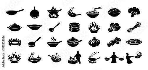 Wok Cooking Silhouettes Set Asian Stir Fry Food Kitchen Tools and Action Icons Collection