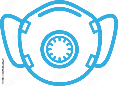 Front view of a blue respirator face mask with a filter in the center and ear loops on a transparent background