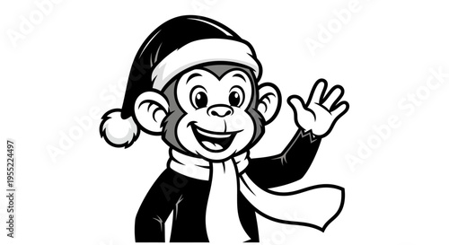 Cartoon monkey in Santa hat waving.