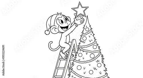 Monkey in Santa Hat Decorating Tree.