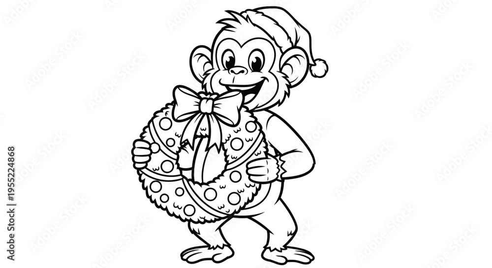 Fototapeta premium Monkey in Santa Hat Holding Wreath.