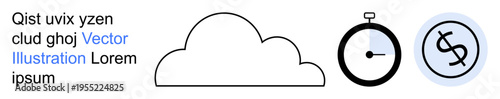 Cloud computing, technology management, financial tools, efficiency, time tracking, digital storage. Minimalist cloud, stopwatch and currency symbol. Cloud computing and time management concepts