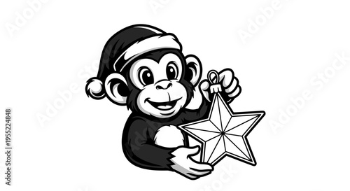 Monkey in Santa hat holding star.