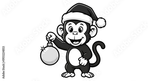 Monkey in Santa Hat Holding Ornament.
