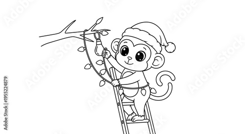 Monkey in Santa Hat on Ladder.