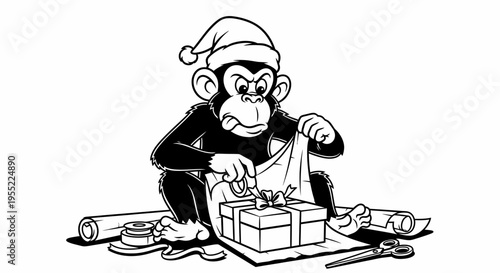 Monkey in Santa hat opening gift.