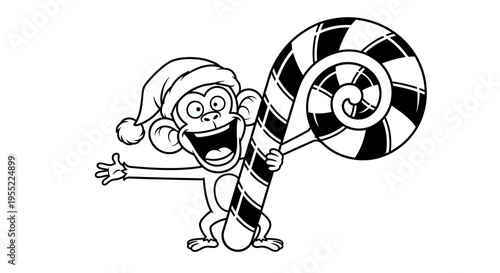 Monkey in Santa hat with candy.