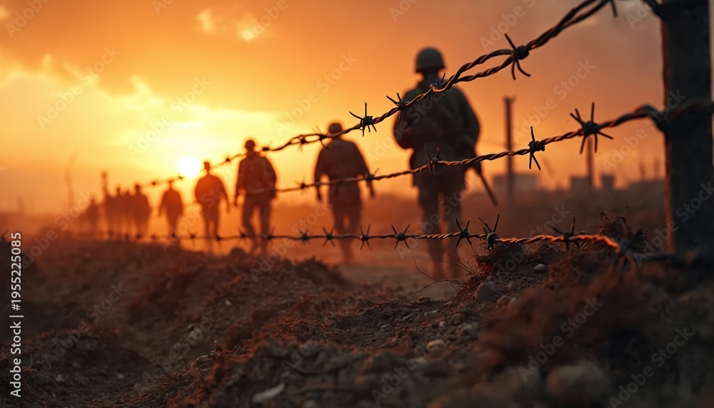 Obraz premium Soldiers walk behind barbed wire fence on a dusty road at sunset. Military troops advance across a desolate battlefield with industrial structures in background. Horizon glows with warm orange sky.