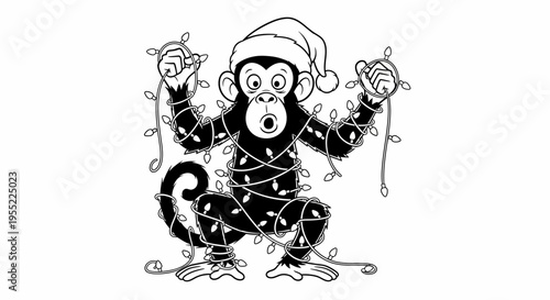 Monkey Wearing Santa Hat Christmas Lights.