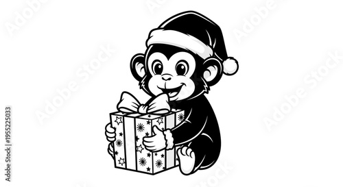 Monkey Wearing Santa Hat Holding Gift.