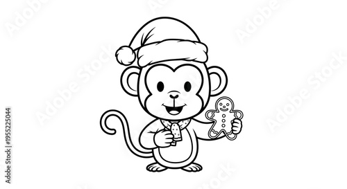 Monkey Wearing Santa Hat Holding Gingerbread.